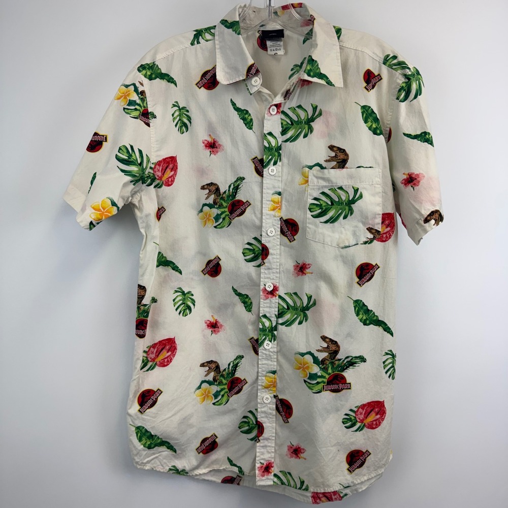 Jurassic World Mens Small Tropical Dinosaur Print Cotton Button Down Shirt Cream
